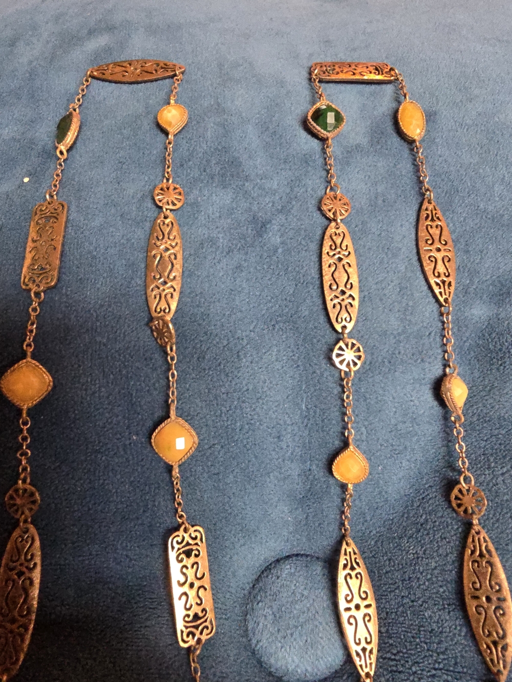Women's Vintage Filigre Brass Link Necklace with Green and Yellow Gemstones 30"